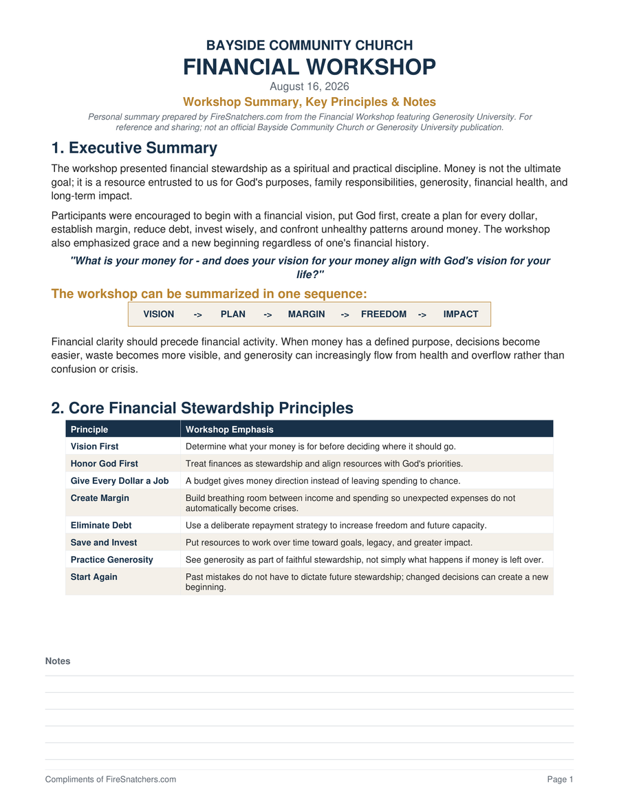 Preview of page 1 of the Financial Stewardship Workshop Summary & Notes PDF